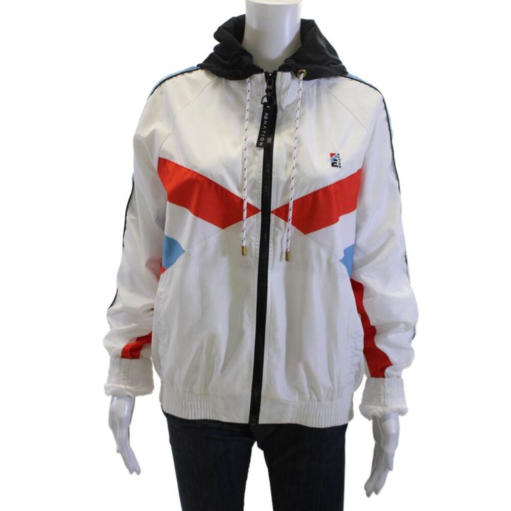 PE Nation Womens Windbreaker Black High Neck Drawstring Geometric Size M